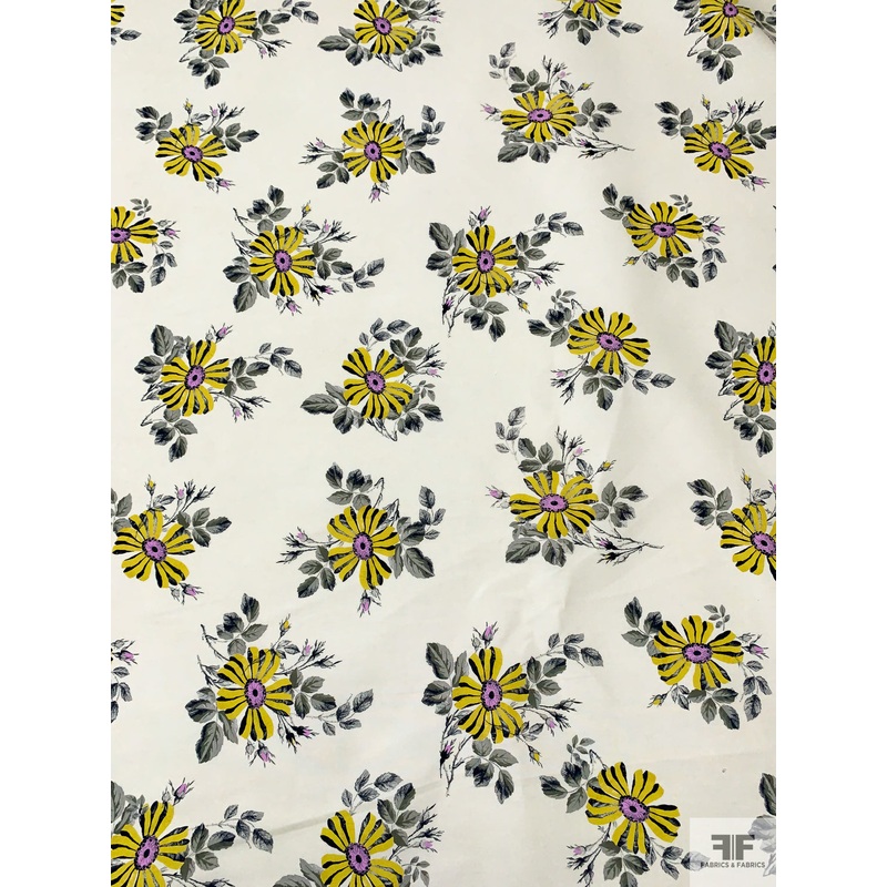 Italian Floral Printed Plain-Weave Heavy Cotton – Goldenrod Yellow / Orchid / Dusty Olive / Cream Fabric by the Yard