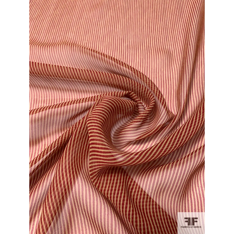 Italian Vertical Striped Printed Silk Chiffon – Red / Khaki Fabric by the Yard