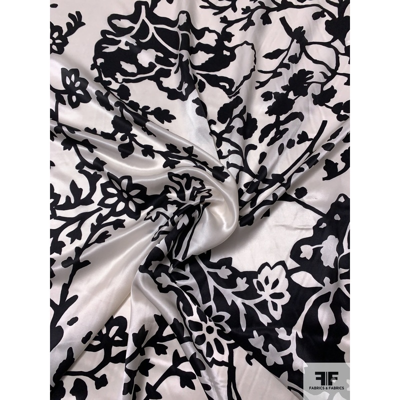 Abstract Leaves and Branches Printed Silk Charmeuse – Black / White Fabric by the Yard