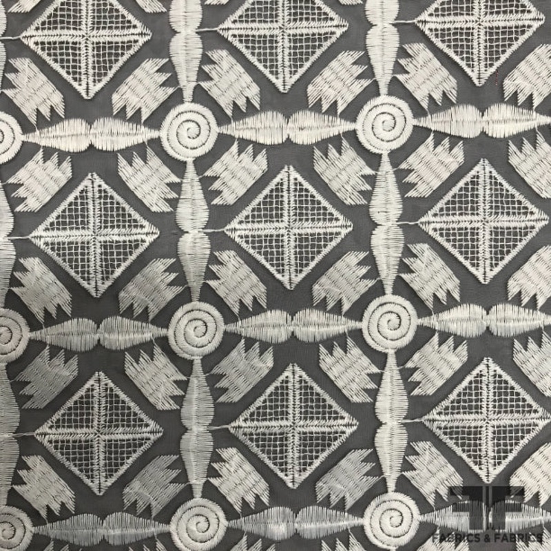 Art Deco Motif Embroidered Organza – White / Black Fabric by the Yard