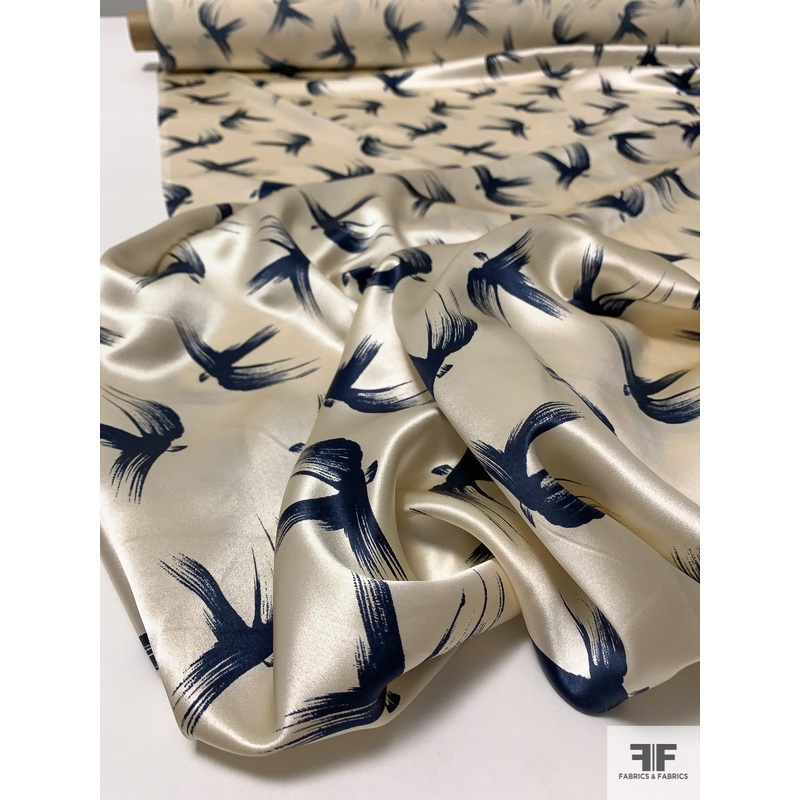 Brushstroke Birds Printed Silk Charmeuse – Ivory / Navy Fabric by the Yard
