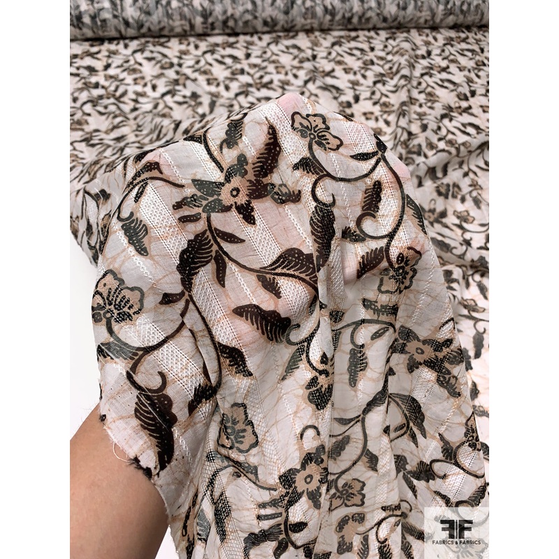 Floral Vines Printed Cotton Voile with Stitched Vertical Striped Detailing – Tan / Off-White / Black Fabric by the Yard