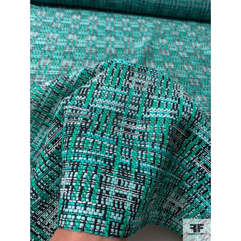 French Luxury Cotton Blend Tweed – Turquoise / Teal / Navy Fabric by the Yard