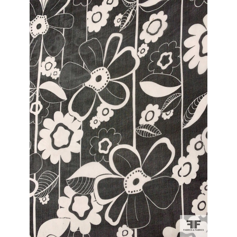 Groovy Floral Silhouette Printed Silk Chiffon – Black / White Fabric by the Yard