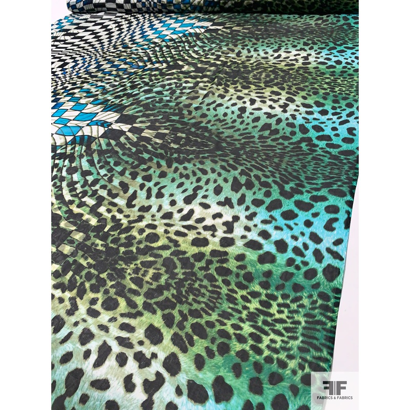 Hypnotic Checkerboard and Animal Pattern Printed Silk Chiffon – Ocean Greens / Turquoise / Black / Off-White Fabric by the Yard