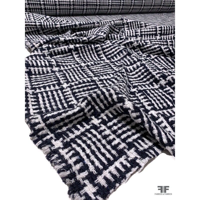 Italian Basketweave Cotton Blend Tweed – Navy / White Fabric by the Yard