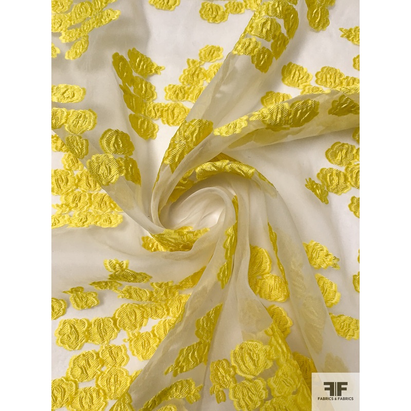 Italian Floral Fil Coup Silk Blend Organza – Yellow / Off-White Fabric by the Yard