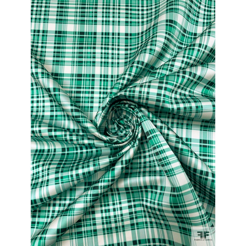 Italian Plaid Printed Double Face Satin – Jade Green / Spruce Green / Off-White Fabric by the Yard