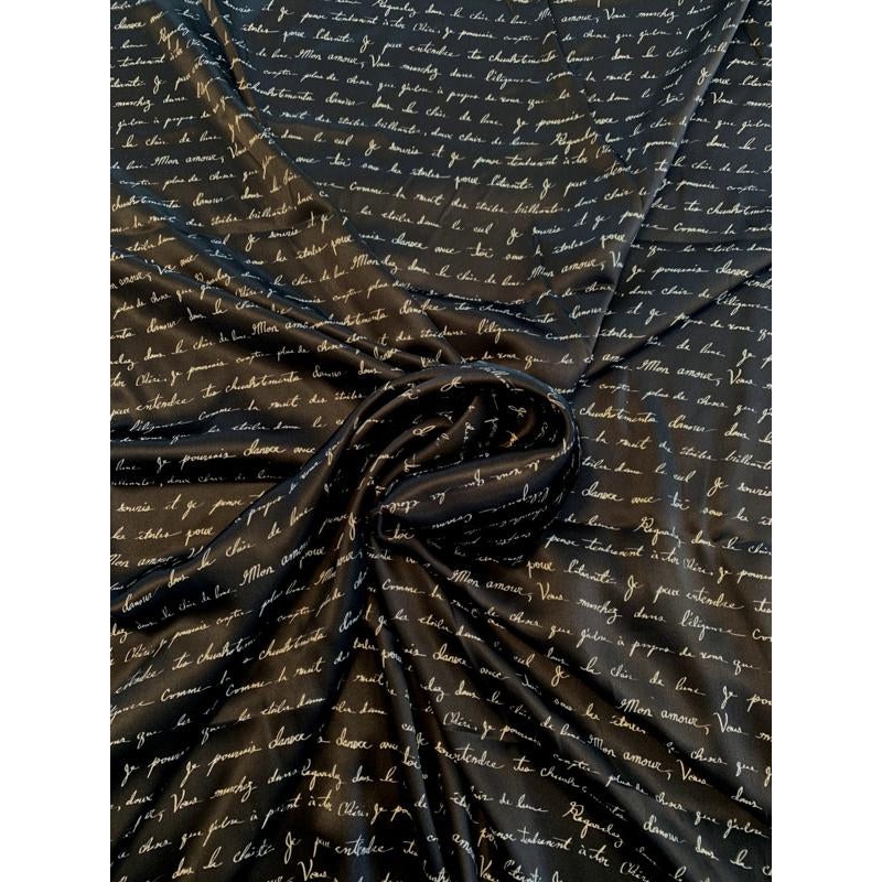 Love Letters in French Printed Silk Charmeuse – Black / Off-White Fabric by the Yard