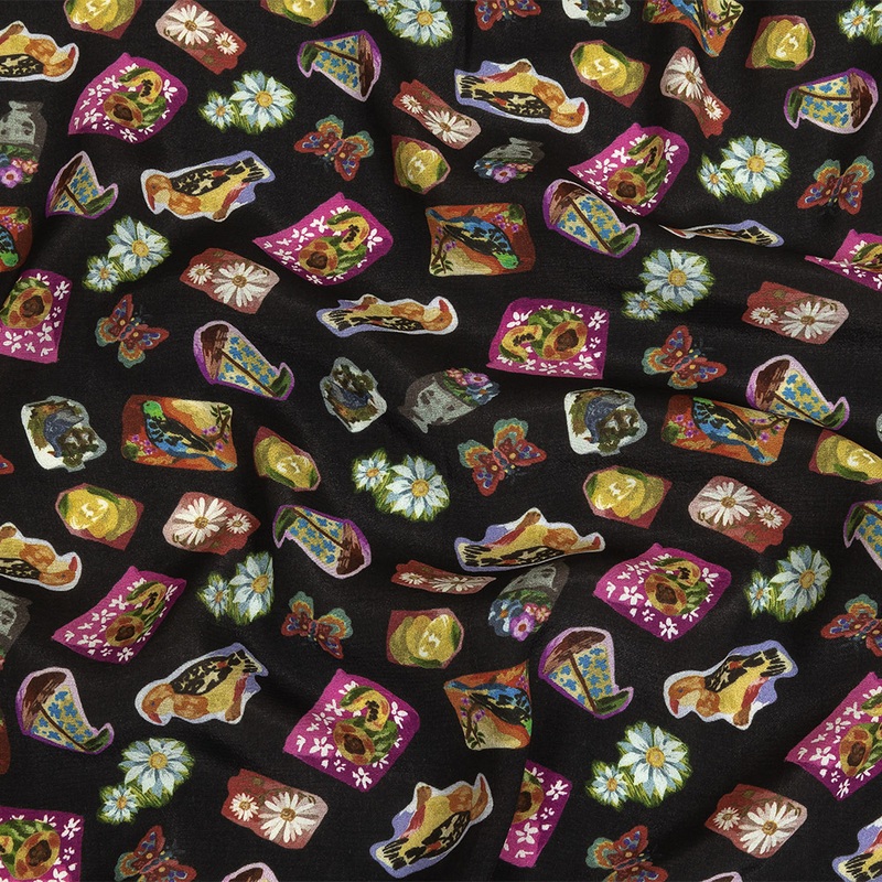 Sustainable Viscose Woven Print – Caviar Black Floral Stickers – Mood Exclusive Sticking Power