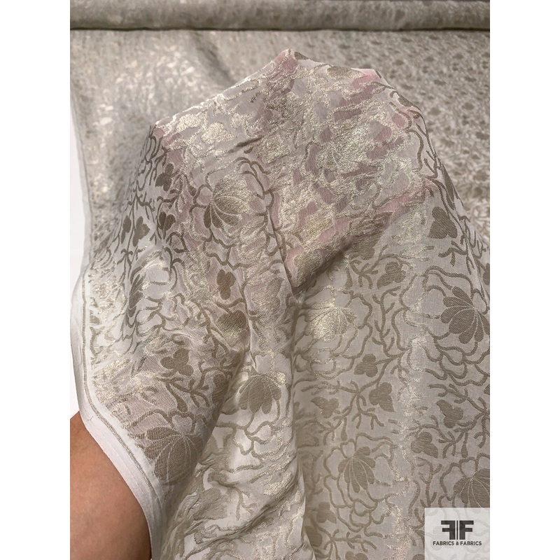 Viny Floral Fil Coup Silk Chiffon with Metallic Thread Detailing – Ecru-Gold Fabric by the Yard
