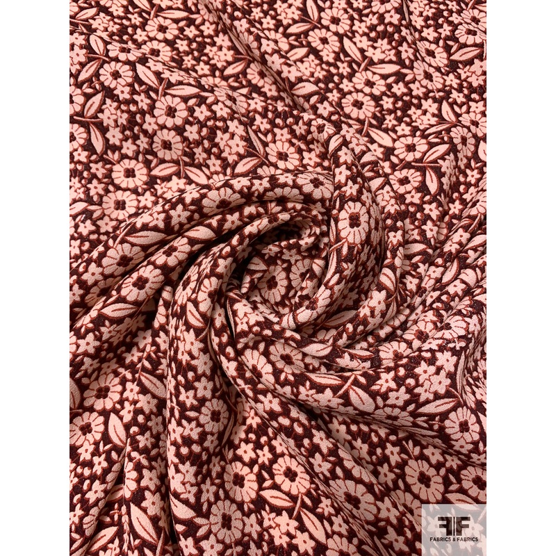 Anna Sui Floral Printed Rayon Crepe – Brick Red / Light Blush Fabric by the Yard