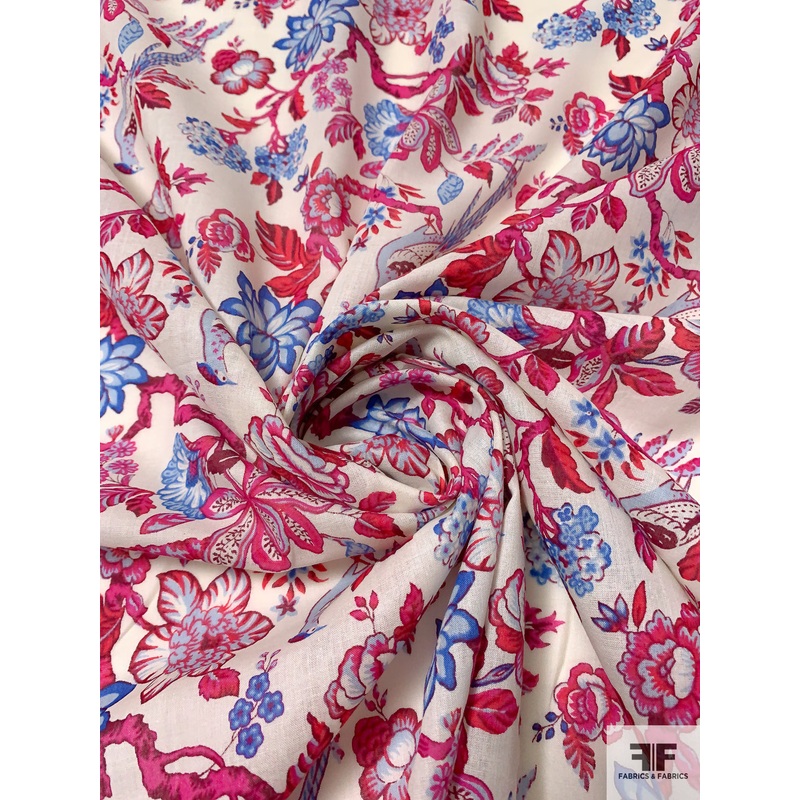 Birds on Floral Branches Printed Cotton Voile – Magenta / Red / Blue / Light Ivory Fabric by the Yard
