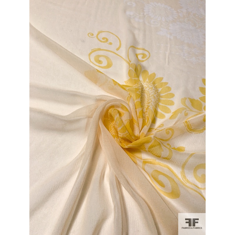 Border Pattern Printed Crinkled Silk Chiffon Panel – Hot Pink / Yellow / Cream / White Fabric by the Panel