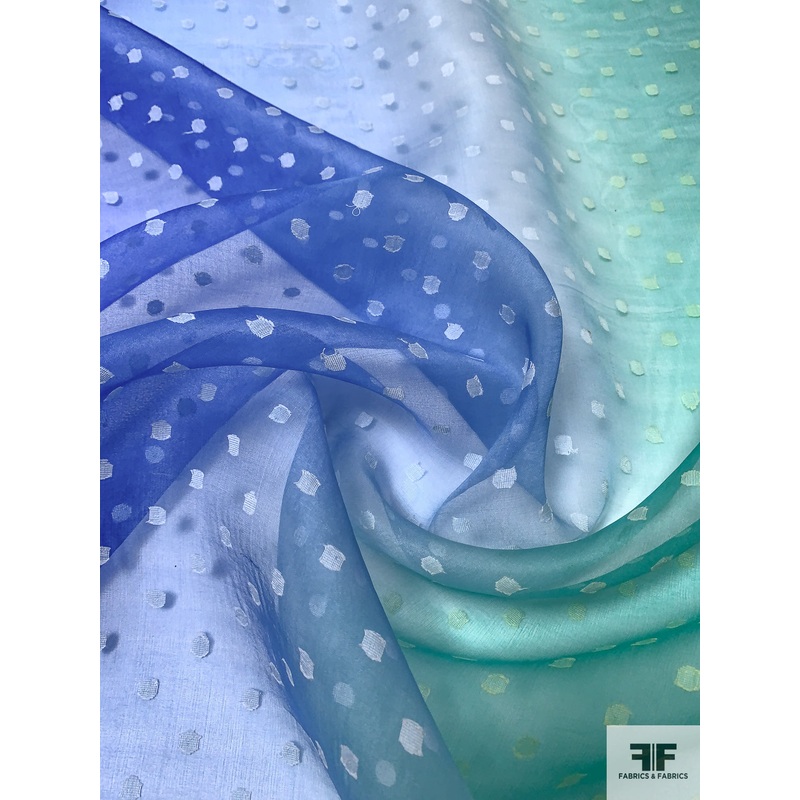 Clipped Polka Dot Ombr Silk Organza – Ocean Green / Blue / Lime / White Fabric by the Yard