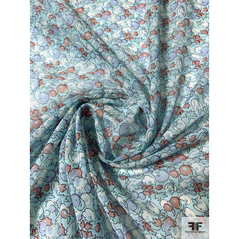 Dainty Floral Printed Cotton and Silk Voile – Seafoam / Periwinkle / Salmon / White Fabric by the Yard