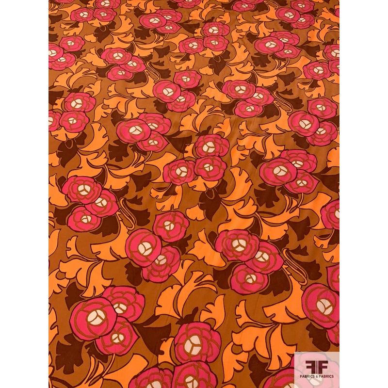 Dramatic Floral Printed Silk Crepe de Chine – Orange / Hot Pink / Brown Fabric by the Yard