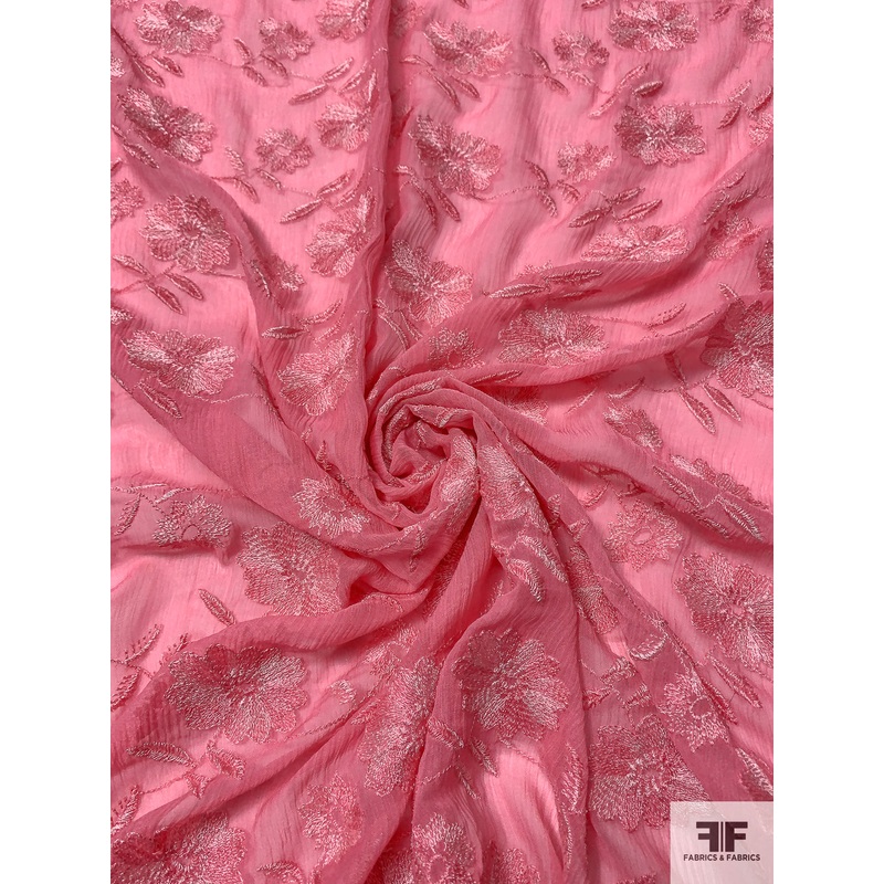 Floral Embroidered Crinkled Silk Chiffon – Rouge Pink / Off-White Fabric by the Yard