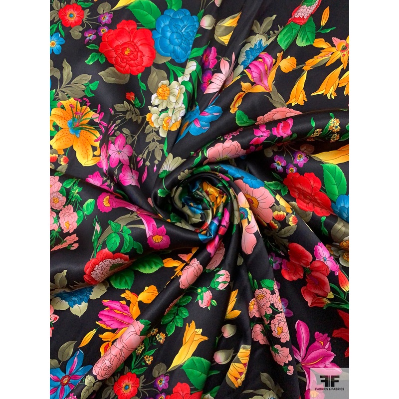 Floral Printed Silk Charmeuse – Multicolor / Black Fabric by the Yard
