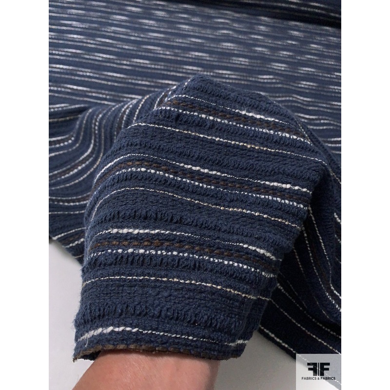 French Horizontal Striped Ladies Jacket Weight Tweed with Vertical Stretch – Navy / Brown / White Fabric by the Yard