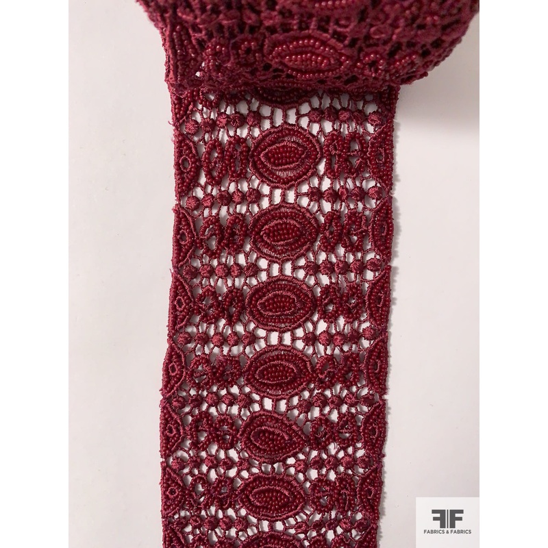 Geometric Ovals Beaded Guipure Lace Trim – Burgundy Fabric by the Yard