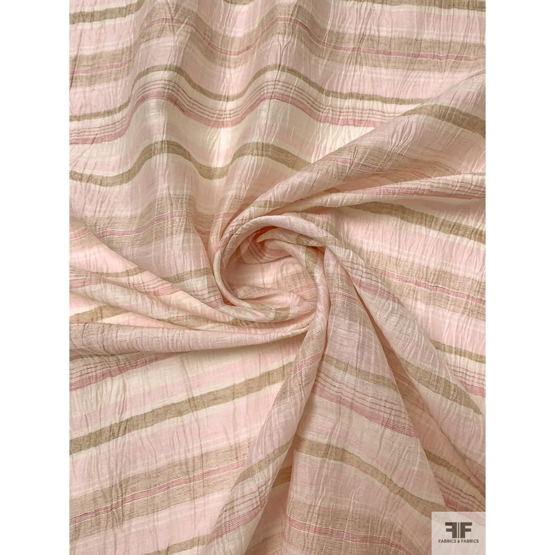 Horizontal Striped Crinkled Linen-Like Blend with Sheen – Shaker Beige / Light Pink / Ivory Fabric by the Yard