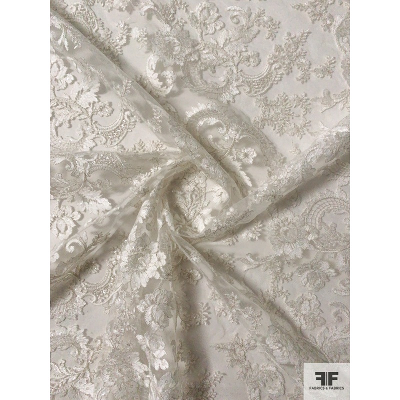 Intricate Floral Embroidered Double-Scalloped Fine Tulle with Sequins – Silk White Fabric by the Yard