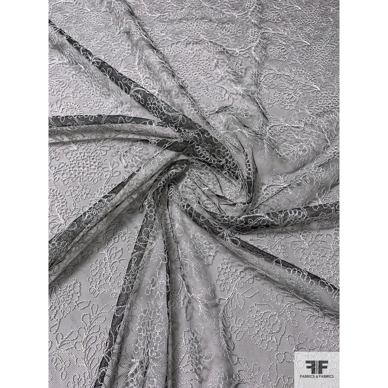 Italian Floral Finely Embroidered Tulle – Black / Off-White Fabric by the Yard