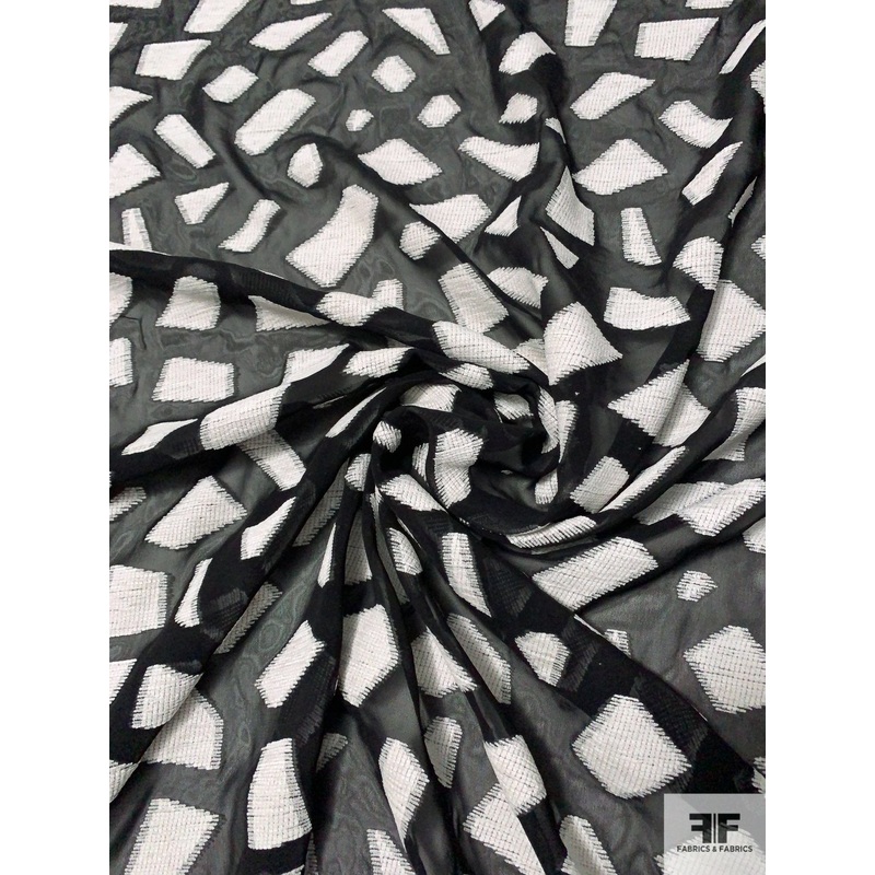 Italian Geometric Shapes Woven on Viscose Chiffon – Black / White Fabric by the Yard