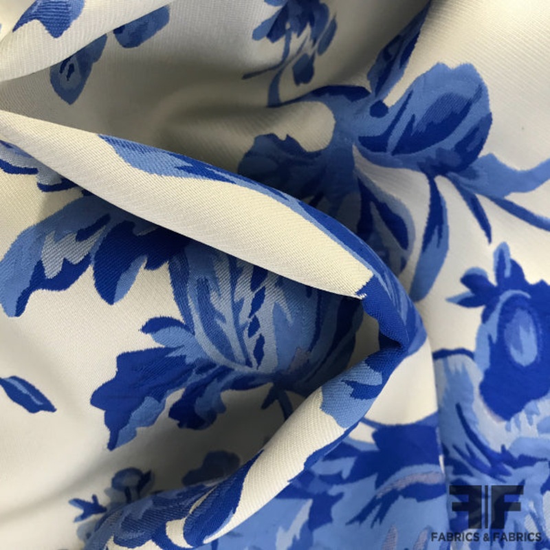 Italian Large Scale Floral Brocade – Blue/White Fabric by the Yard