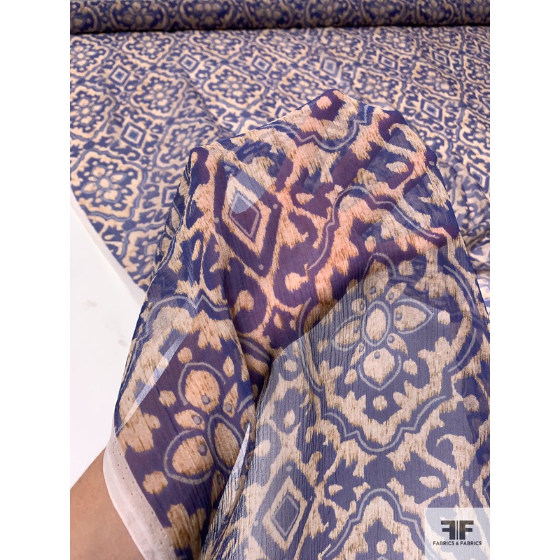 Ornate Medallion Printed Silk Chiffon – Blue / Rusted Gold / Off-White Fabric by the Yard