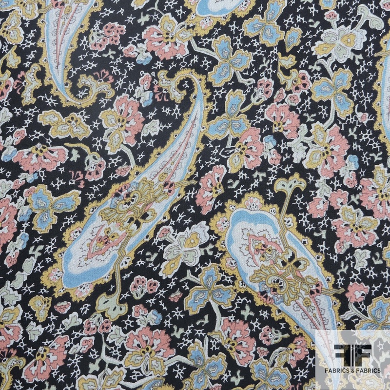 Paisley Floral Printed Silk Chiffon – Black/Multicolor Fabric by the Yard