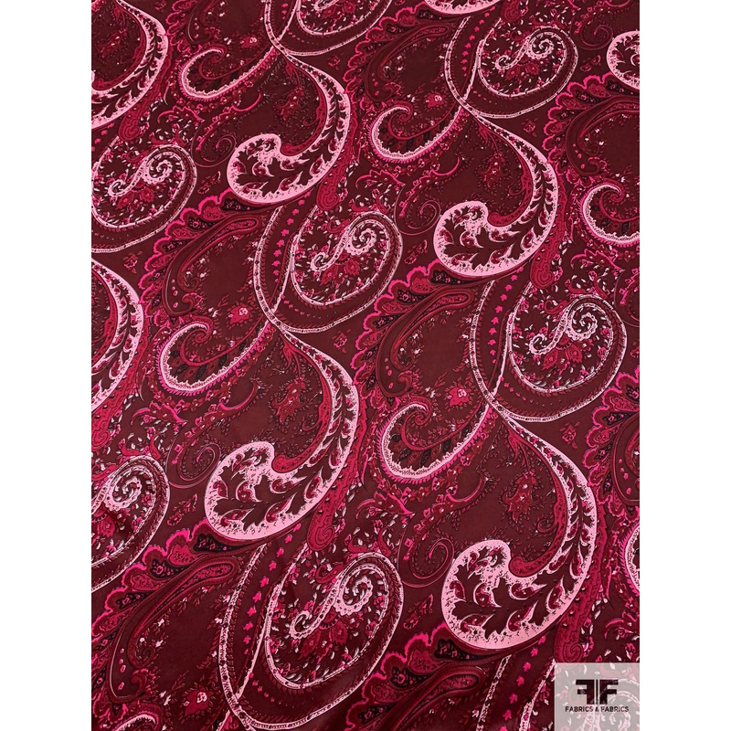 Paisley Printed Silk Charmeuse – Burgundy / Dark Cranberry / Hot Pink Fabric by the Yard