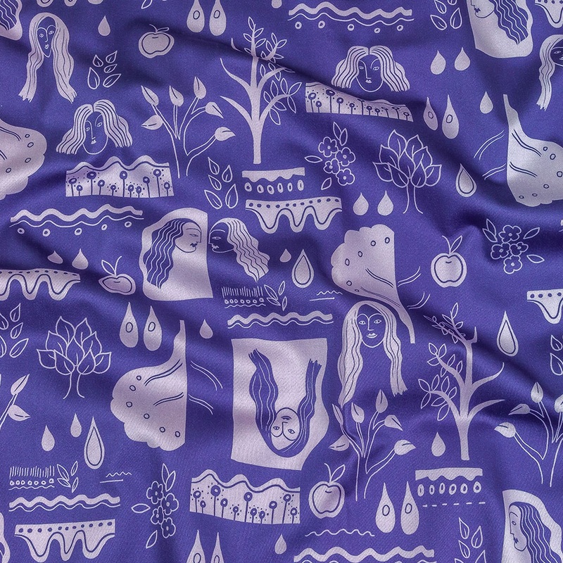 Stretch Cotton Sateen – Purple Illustrative Symbols – Indigo For It Print – Mood Exclusive Indigo Collection