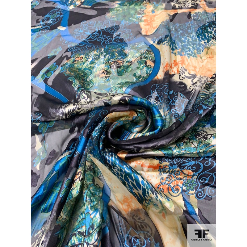 Abstract Printed Burnout Silk Blend Chiffon – Teal / Turquoise / Black / Oranges Fabric by the Yard