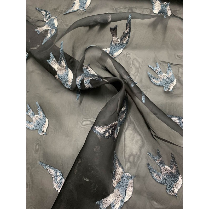 Christian Siriano Italian Embroidered Silk Organza Novelty – Black / Blue / Grey Fabric by the Yard