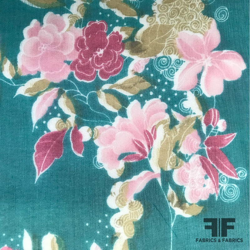 Floral Printed Silk Chiffon – Teal / Pink Fabric by the Yard