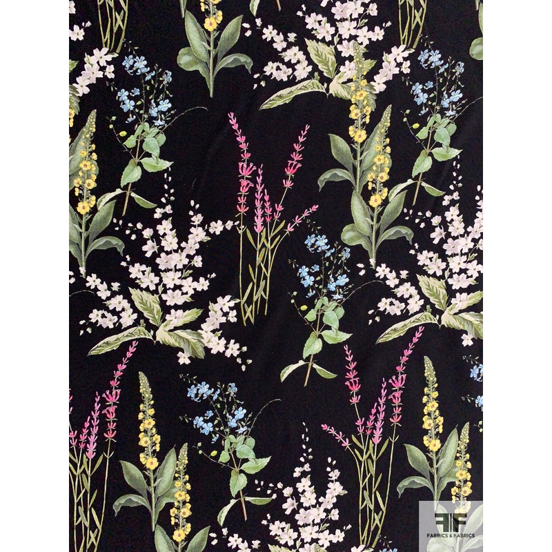 Floral Shrubs Matte-Side Printed Silk Charmeuse – Black / Leafy Greens / Pink / Light Blue Fabric by the Yard