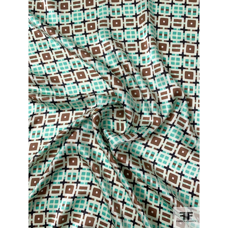 Geometric Art Deco Printed Silk Charmeuse – Seafoam Green / Brown / Black Fabric by the Yard
