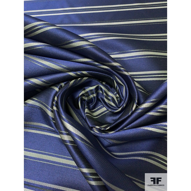 Horizontal Striped Silk Necktie Jacquard Brocade – Denim Blue / Grey Fabric by the Yard