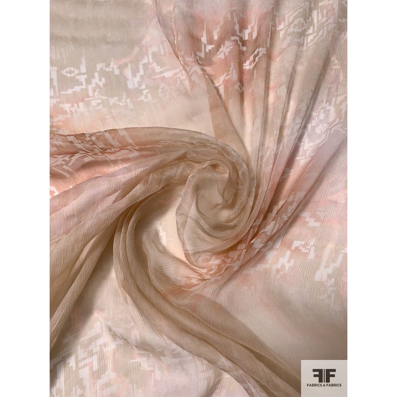 Italian Subtle Ethnic Printed Crinkled Silk Chiffon – Tan / Dusty Peach / Pink Fabric by the Yard