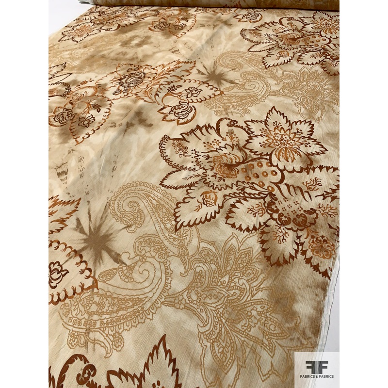 Large-Scale Paisley Floral Tie-Dye Printed Crinkled Silk Chiffon – Golden Beige / Browns Fabric by the Yard
