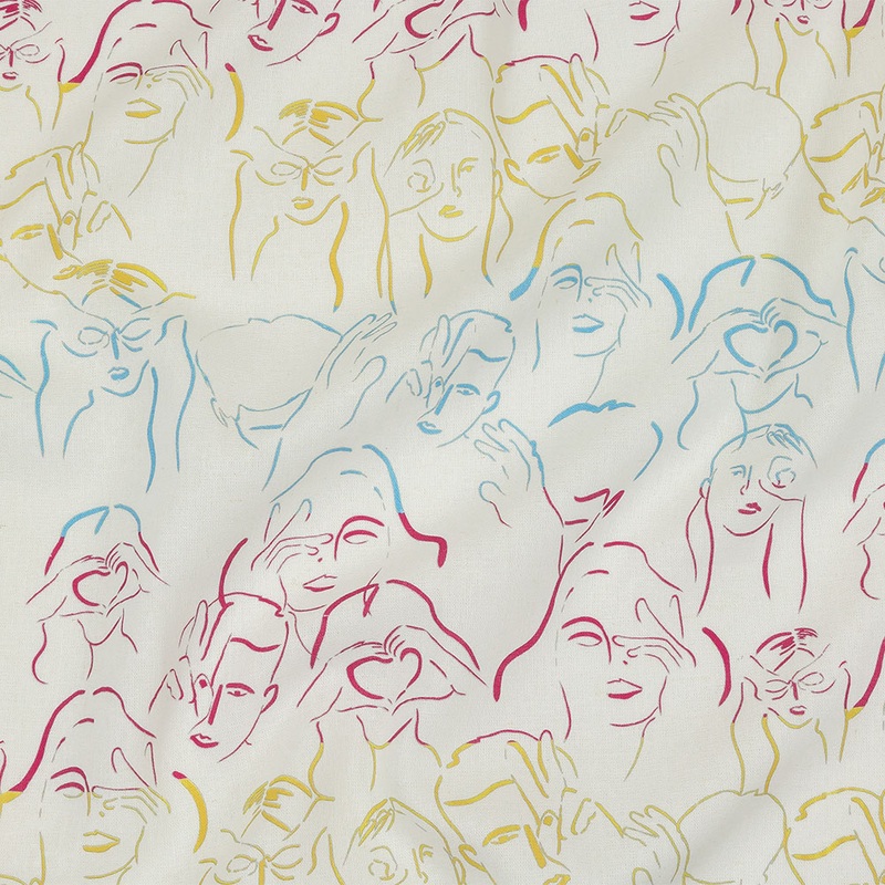 Linen and Rayon Woven – Blue, Yellow and Pink Faces and Hands – Language of Love Print – Mood Exclusive Pride Collection