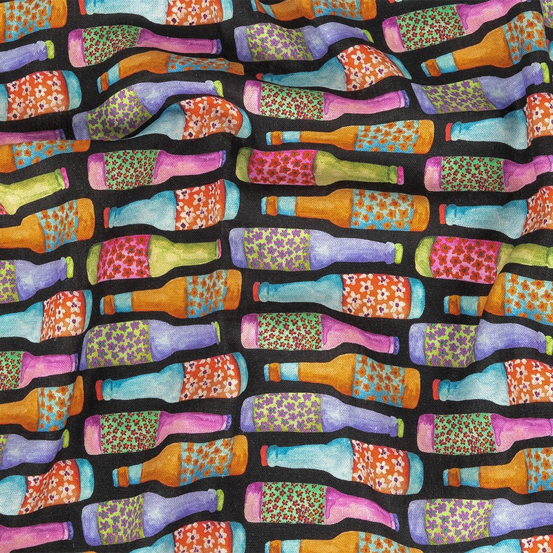 Linen and Rayon Woven – Rainbow Bottles on Black – Pop Bottle Parade Print – Mood Exclusive Sugar Collection