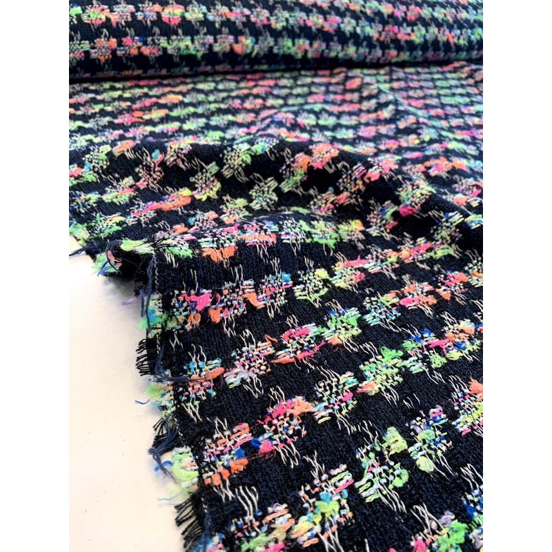 Made in England Cotton Blend Houndstooth Tweed with Fused Back – Navy / White / Neon Multi Fabric by the Yard