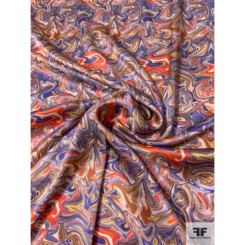 Marble Printed Silk Charmeuse – Purples / Pinks / Orange Fabric by the Yard