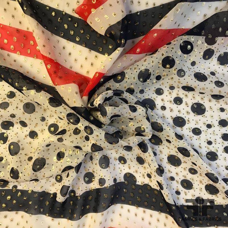 Metallic Striped/Polka Dot Textured Pique Silk – Red/White/Blue/Gold Fabric by the Yard