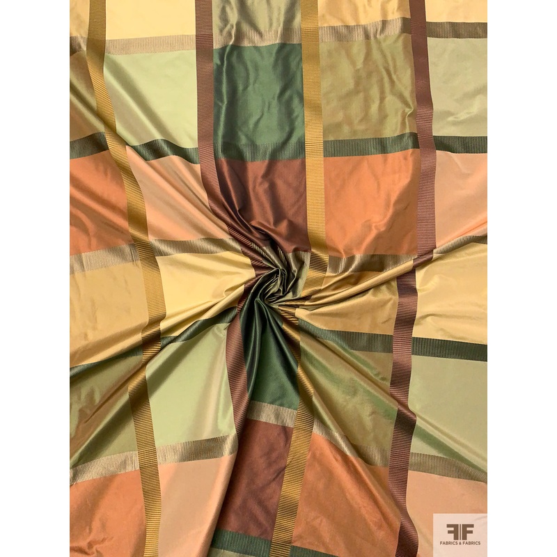 Yarn-Dyed Silk Taffeta with Satin-Faille Windowpane Pattern – Earthy Greens / Clay / Tan / Brown Fabric by the Yard