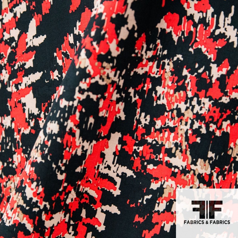 Abstract Printed Cotton Silk – Red/Black/Tan Fabric by the Yard