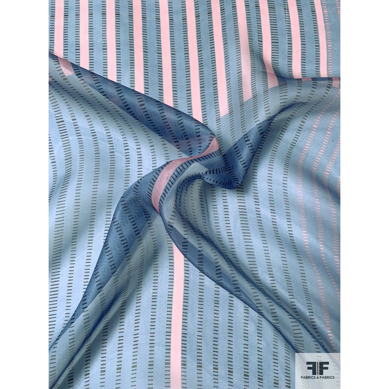 Broken Striped Printed Satin Face Organza – Pigeon Blue / Coral / Black Fabric by the Yard